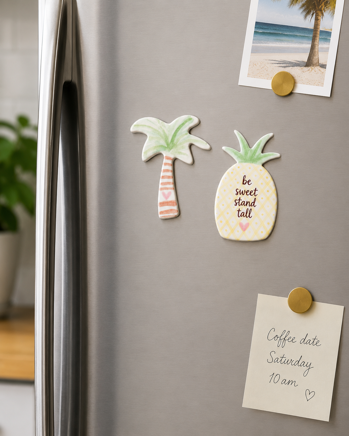 Tropical Island Refrigerator Magnet Gift Set - Handmade Ceramic Pineapple and Palm Tree