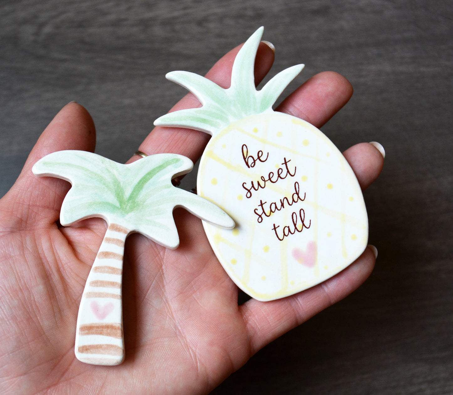 Tropical Island Refrigerator Magnet Gift Set - Handmade Ceramic Pineapple and Palm Tree