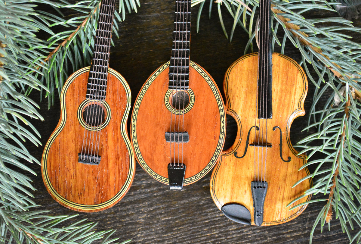 Vintage Wooden Musical Instrument Christmas Ornaments Set of 3 Guitar Violin Mandolin