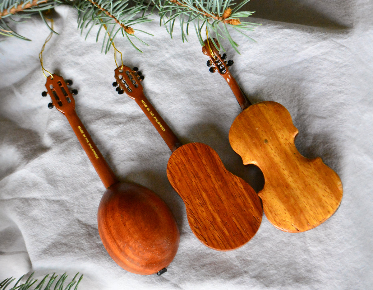 Back View of Vintage Wooden Musical Instrument Christmas Ornaments Set of 3 Guitar Violin Mandolin 