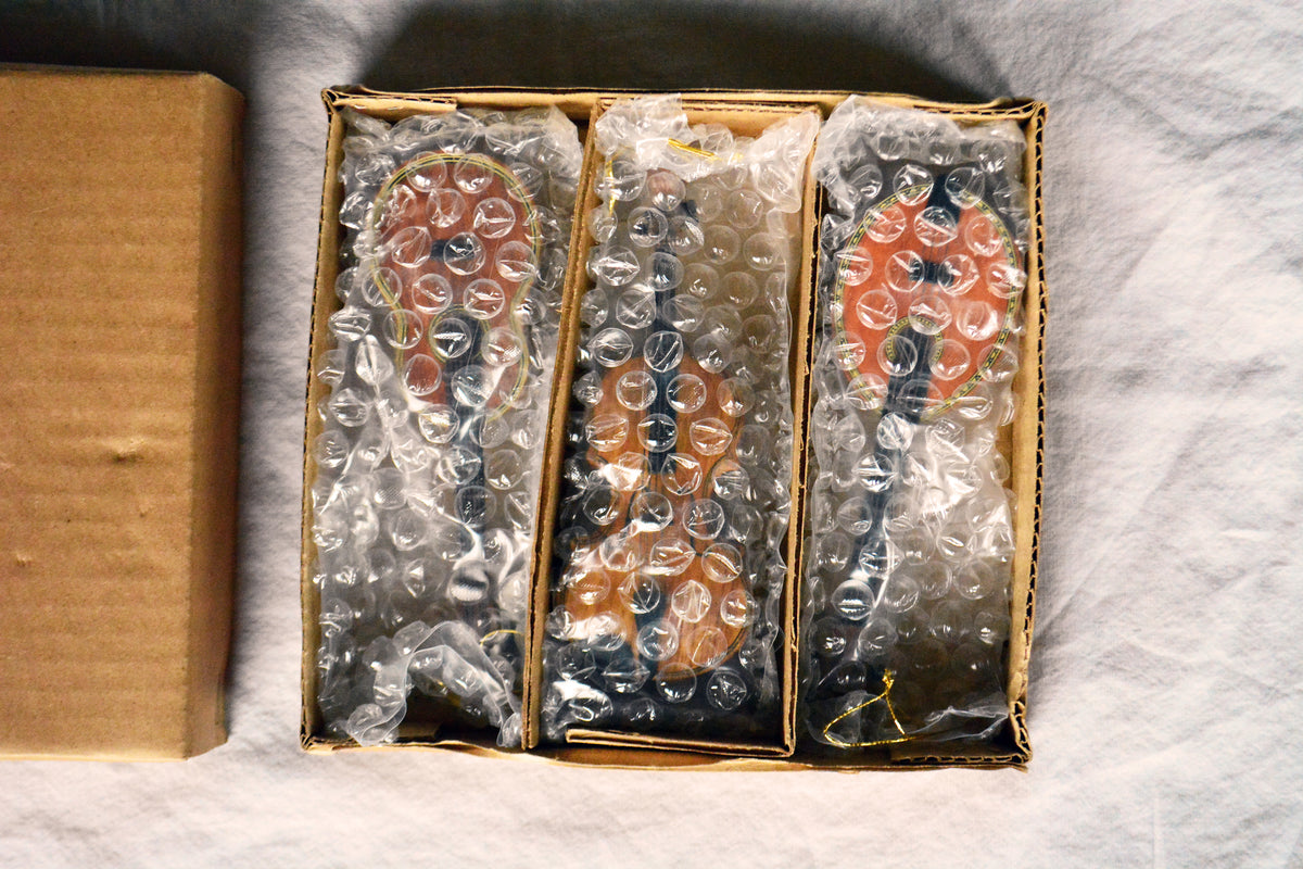 Vintage Wooden Musical Instrument Christmas Ornaments Set of 3 Guitar Violin Mandolin w/ Original Box and bubble wrap to protect items close up