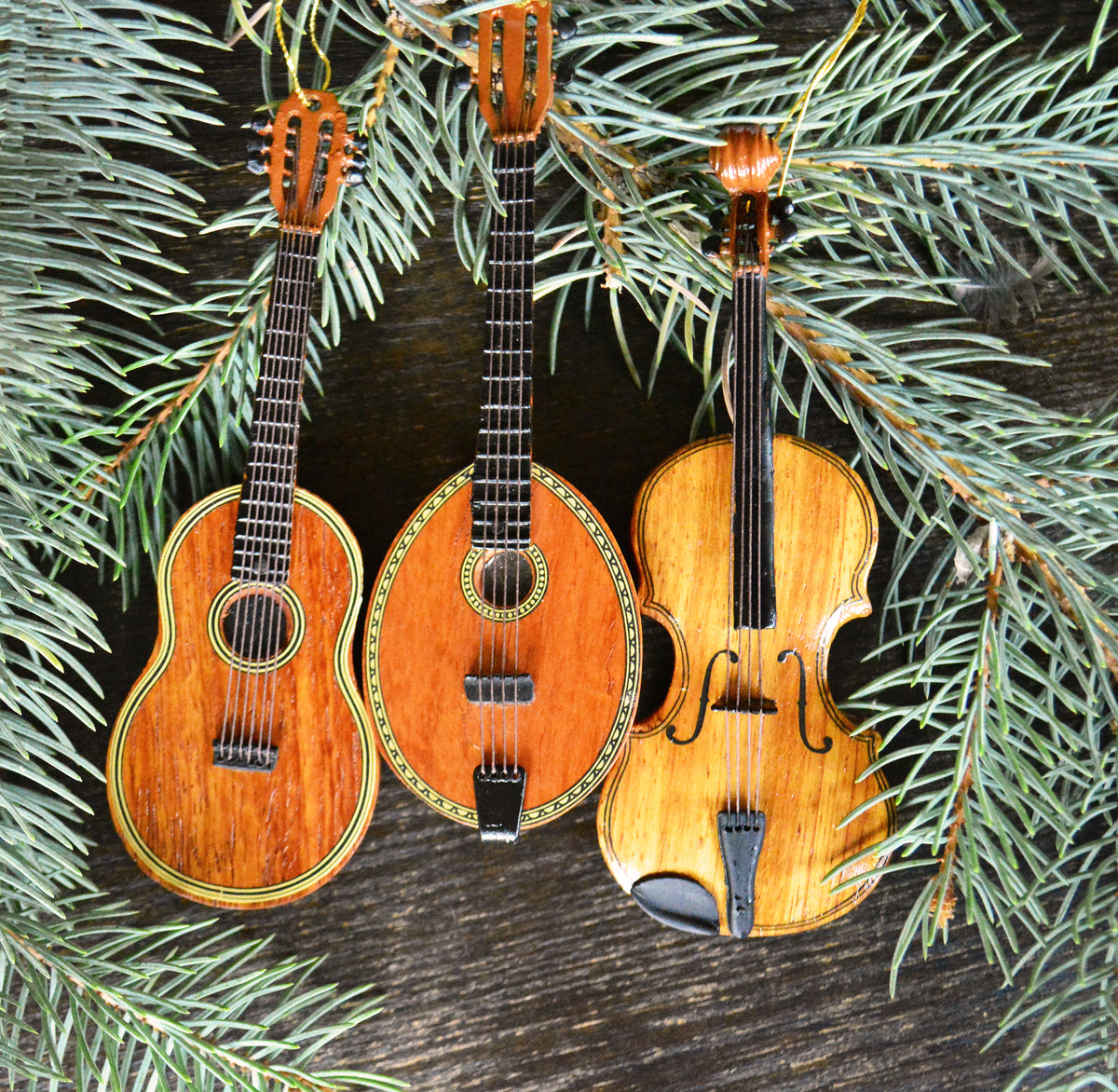 Vintage Wooden Musical Instrument Christmas Ornaments Set of 3 Guitar Violin Mandolin